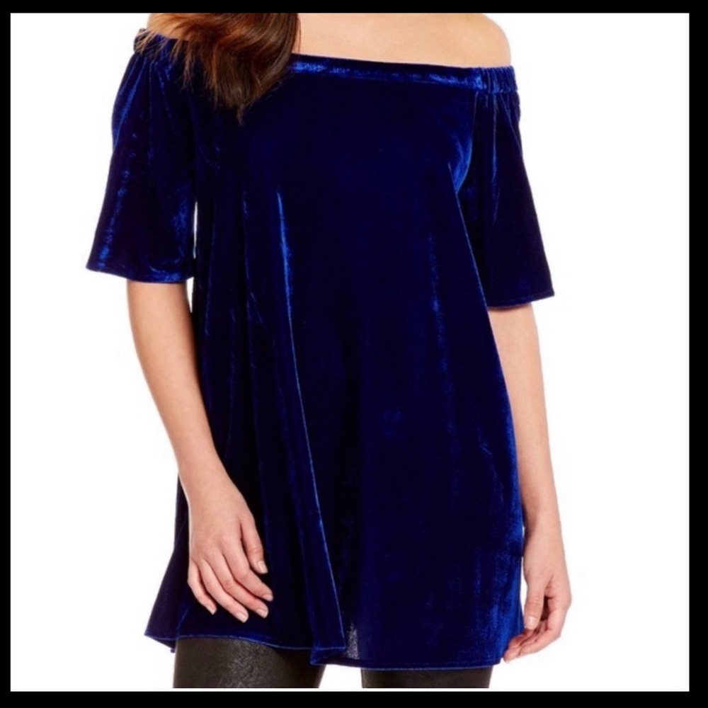 Gianni Bini Holiday Blue Velvet Off Shoulder Hope Blouse Sz XS